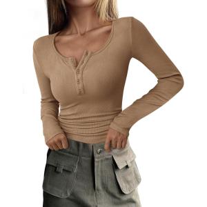 imagePRETTYGARDEN Womens 2025 Fall Long Sleeve Henley T Shirts Button Ribbed Knit Slim Fit Basic Tops Blouse Casual OutfitsLight Khaki