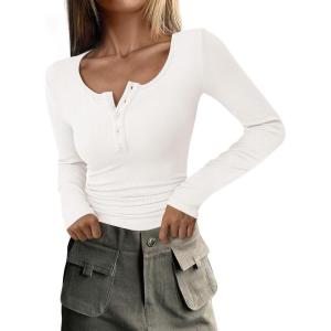 imagePRETTYGARDEN Womens 2025 Fall Long Sleeve Henley T Shirts Button Ribbed Knit Slim Fit Basic Tops Blouse Casual OutfitsWhite