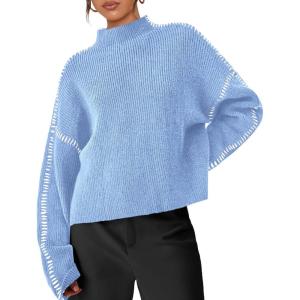 imagePRETTYGARDEN Womens Chunky Knit Sweaters 2025 Fall Long Sleeve Mock Neck Oversized Pullover Tops Winter Fashion ClothesLight Blue