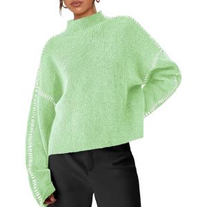 imagePRETTYGARDEN Womens Chunky Knit Sweaters 2025 Fall Long Sleeve Mock Neck Oversized Pullover Tops Winter Fashion ClothesLight Green