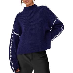 imagePRETTYGARDEN Womens Chunky Knit Sweaters 2025 Fall Long Sleeve Mock Neck Oversized Pullover Tops Winter Fashion ClothesNavy Blue