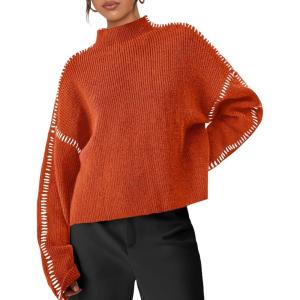 imagePRETTYGARDEN Womens Chunky Knit Sweaters 2025 Fall Long Sleeve Mock Neck Oversized Pullover Tops Winter Fashion ClothesRust Red