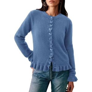 imagePRETTYGARDEN Womens Fall Button Down Cardigans Chunky Knit Ruffle Open Front Cropped Cardigan Sweaters Soft Long Sleeve TopsGrey Blue