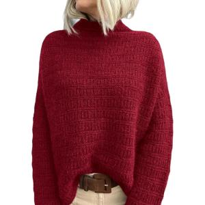 imagePRETTYGARDEN Womens Mock Neck Oversized Sweaters 2025 Long Sleeve Pullover Fall Sweater Knit Jumper Tops Winter ClothingRed