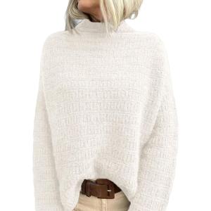 imagePRETTYGARDEN Womens Mock Neck Oversized Sweaters 2025 Long Sleeve Pullover Fall Sweater Knit Jumper Tops Winter ClothingWhite