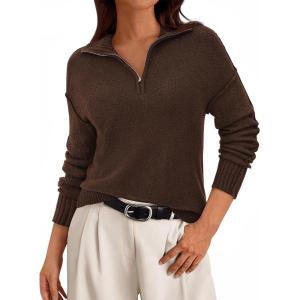 imagePRETTYGARDEN Womens Quarter Zip Pullover V Neck Fall Sweaters 2025 Long Sleeve Tops Collared Business Casual Winter ClothingBrown