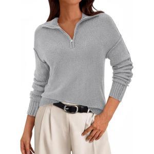 imagePRETTYGARDEN Womens Quarter Zip Pullover V Neck Fall Sweaters 2025 Long Sleeve Tops Collared Business Casual Winter ClothingGrey