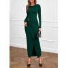 imagePRETTYGARDEN Womens Fall Wedding Guest Cocktail Midi Dresses Elegant Long Sleeve Bodycon Ruched Dress 2025 Fashion ClothingDark Green