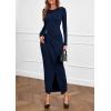 imagePRETTYGARDEN Womens Fall Wedding Guest Cocktail Midi Dresses Elegant Long Sleeve Bodycon Ruched Dress 2025 Fashion ClothingNavy Blue
