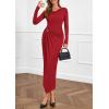 imagePRETTYGARDEN Womens Fall Wedding Guest Cocktail Midi Dresses Elegant Long Sleeve Bodycon Ruched Dress 2025 Fashion ClothingRed