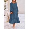 imagePRETTYGARDEN Womens Smocked Maxi Dress 2025 Fall Casual Long Sleeve Swiss Dot Ruffle Long Flowy Wedding Guest DressesDark Blue