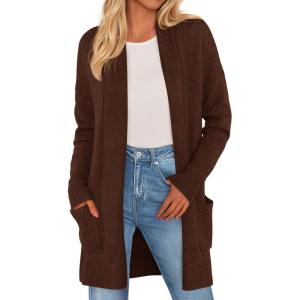imagePRETTYGARDEN Cardigan Sweaters for Women Winter Fall Clothes 2025 Cozy Knit Coats Open Front Long Cardigans with PocketsBrown