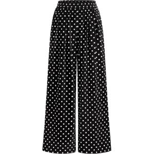 imagePRETTYGARDEN Casual Womens Pants 2025 Elastic Waist Palazzo Long Pajama Wide Leg Trousers Knit Fall Outfits with PocketsDot Black White