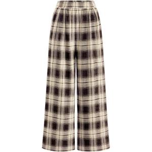 imagePRETTYGARDEN Casual Womens Pants 2025 Elastic Waist Palazzo Long Pajama Wide Leg Trousers Knit Fall Outfits with PocketsPlaid Brown Apricot