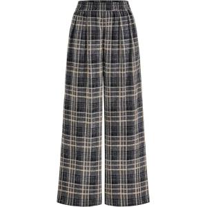 imagePRETTYGARDEN Casual Womens Pants 2025 Elastic Waist Palazzo Long Pajama Wide Leg Trousers Knit Fall Outfits with PocketsPlaid Navy