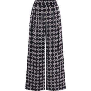 imagePRETTYGARDEN Casual Womens Pants 2025 Elastic Waist Palazzo Long Pajama Wide Leg Trousers Knit Fall Outfits with PocketsSmall Plaid Black