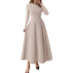 imagePRETTYGARDEN Cocktail Dresses for Women 2025 Elegant Classy Fall Long Sleeve Midi A Line Flowy Modest Winter Party DressApricot