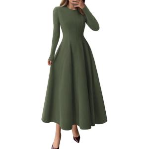 imagePRETTYGARDEN Cocktail Dresses for Women 2025 Elegant Classy Fall Long Sleeve Midi A Line Flowy Modest Winter Party DressArmy Green