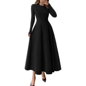 imagePRETTYGARDEN Cocktail Dresses for Women 2025 Elegant Classy Fall Long Sleeve Midi A Line Flowy Modest Winter Party DressBlack