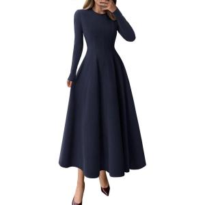 imagePRETTYGARDEN Cocktail Dresses for Women 2025 Elegant Classy Fall Long Sleeve Midi A Line Flowy Modest Winter Party DressDark Blue