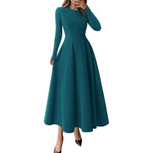 imagePRETTYGARDEN Cocktail Dresses for Women 2025 Elegant Classy Fall Long Sleeve Midi A Line Flowy Modest Winter Party DressDark Cyan