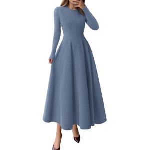 imagePRETTYGARDEN Cocktail Dresses for Women 2025 Elegant Classy Fall Long Sleeve Midi A Line Flowy Modest Winter Party DressDusty Blue
