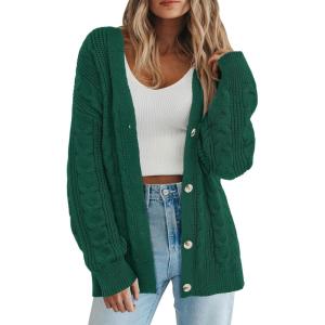 imagePRETTYGARDEN Womens Chunky Cardigan Sweaters 2025 Fall Oversized Cable Knit Long Sleeve Open Front Cardigans Winter ClothingDark Green