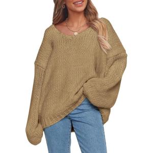 imagePRETTYGARDEN Womens Fall Oversized Sweaters Long Sleeve V Neck Dressy Casual Chunky Knit Loose Pullover Tops Winter ClothingApricot