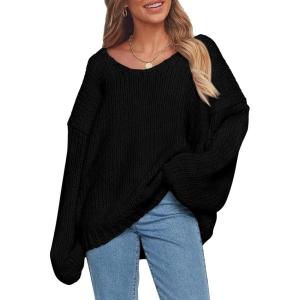 imagePRETTYGARDEN Womens Fall Oversized Sweaters Long Sleeve V Neck Dressy Casual Chunky Knit Loose Pullover Tops Winter ClothingBlack