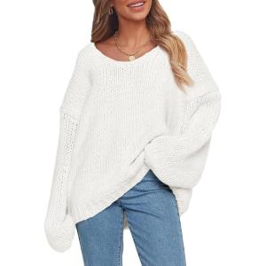 imagePRETTYGARDEN Womens Fall Oversized Sweaters Long Sleeve V Neck Dressy Casual Chunky Knit Loose Pullover Tops Winter ClothingWhite