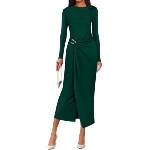 imagePRETTYGARDEN Womens Fall Wedding Guest Cocktail Midi Dresses Elegant Long Sleeve Bodycon Ruched Dress 2025 Fashion ClothingDark Green