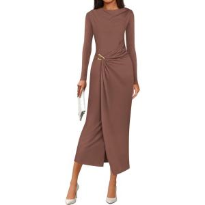 imagePRETTYGARDEN Womens Fall Wedding Guest Cocktail Midi Dresses Elegant Long Sleeve Bodycon Ruched Dress 2025 Fashion ClothingLight Brown