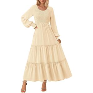 imagePRETTYGARDEN Womens Smocked Maxi Dress 2025 Fall Casual Long Sleeve Swiss Dot Ruffle Long Flowy Wedding Guest DressesBeige
