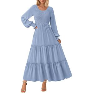 imagePRETTYGARDEN Womens Smocked Maxi Dress 2025 Fall Casual Long Sleeve Swiss Dot Ruffle Long Flowy Wedding Guest DressesGrey Blue