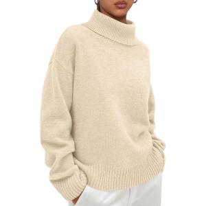imagePRETTYGARDEN Womens Turtleneck Long Sleeve Sweater 2025 Fall Trendy Loose Fit Casual Tops Chunky Knit Pullover SweatersBeige