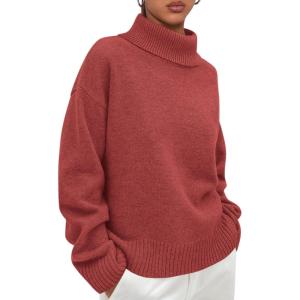imagePRETTYGARDEN Womens Turtleneck Long Sleeve Sweater 2025 Fall Trendy Loose Fit Casual Tops Chunky Knit Pullover SweatersBurnt Orange