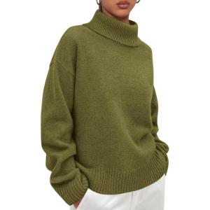 imagePRETTYGARDEN Womens Turtleneck Long Sleeve Sweater 2025 Fall Trendy Loose Fit Casual Tops Chunky Knit Pullover SweatersOlive Green