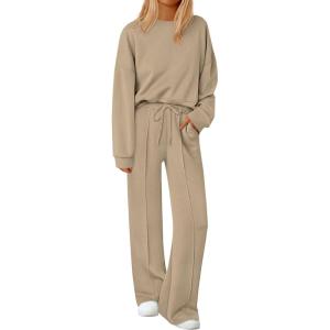 imagePRETTYGARDEN 2 Piece Sets For Women Fall Trendy Long Sleeve Sweatshirt Wide Leg Pants Loungewear Set Matching SweatsuitLight Khaki