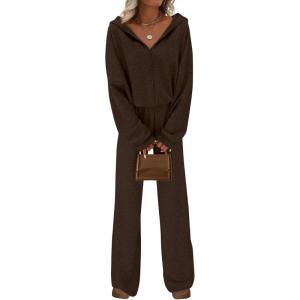 imagePRETTYGARDEN Womens 2 Piece Fall Lounge Sets 2025 Zip Up Hoodie Wide Leg Pants Tracksuit Matching Travel Outfits ClothesBrown