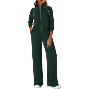imagePRETTYGARDEN Womens 2 Piece Outfits Sweatsuits 2025 Fall Full Zip Sweatshirts Workout Pants Matching Lounge Sets TracksuitsDark Green