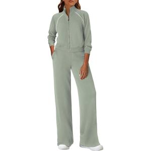 imagePRETTYGARDEN Womens 2 Piece Outfits Sweatsuits 2025 Fall Full Zip Sweatshirts Workout Pants Matching Lounge Sets TracksuitsSage Green