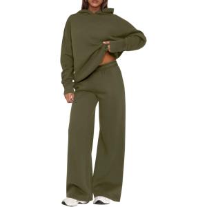 imagePRETTYGARDEN Womens Sweatsuits 2 Piece Set 2025 Casual Winter Long Sleeve Hoodie Loose Wide Leg Sweatpants Fall TracksuitArmy Green