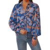 imagePRETTYGARDEN Womens Floral Blouses Dressy Casual V Neck Button Down Shirts Lantern Long Sleeve Boho Chiffon Fall Tops 2025Blue