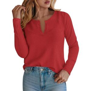 imagePRETTYGARDEN Long Sleeve Shirts for Women 2025 Fall V Neck Waffle Basic Tee Dressy Casual Winter Blouses Knit Tunic TopsRed