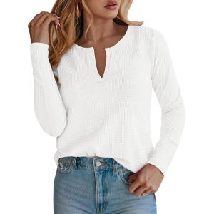 imagePRETTYGARDEN Long Sleeve Shirts for Women 2025 Fall V Neck Waffle Basic Tee Dressy Casual Winter Blouses Knit Tunic TopsWhite