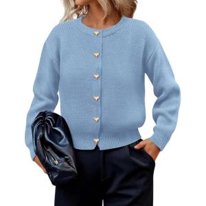 imagePRETTYGARDEN Cardigan for Women 2025 Fall Fashion Long Sleeve Trendy Button Down Work Office Sweaters Cute Winter JacketLight Blue