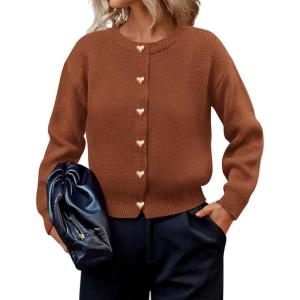 imagePRETTYGARDEN Cardigan for Women 2025 Fall Fashion Long Sleeve Trendy Button Down Work Office Sweaters Cute Winter JacketRed Brown