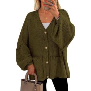 imagePRETTYGARDEN Fall Chunky Cardigan Sweaters for Women 2025 Button Long Lantern Sleeve Knit Oversized Coats with PocketsArmy Green