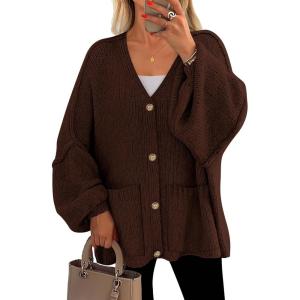 imagePRETTYGARDEN Fall Chunky Cardigan Sweaters for Women 2025 Button Long Lantern Sleeve Knit Oversized Coats with PocketsBrown
