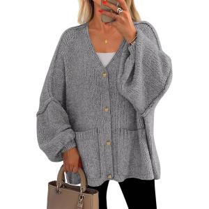 imagePRETTYGARDEN Fall Chunky Cardigan Sweaters for Women 2025 Button Long Lantern Sleeve Knit Oversized Coats with PocketsDark Grey